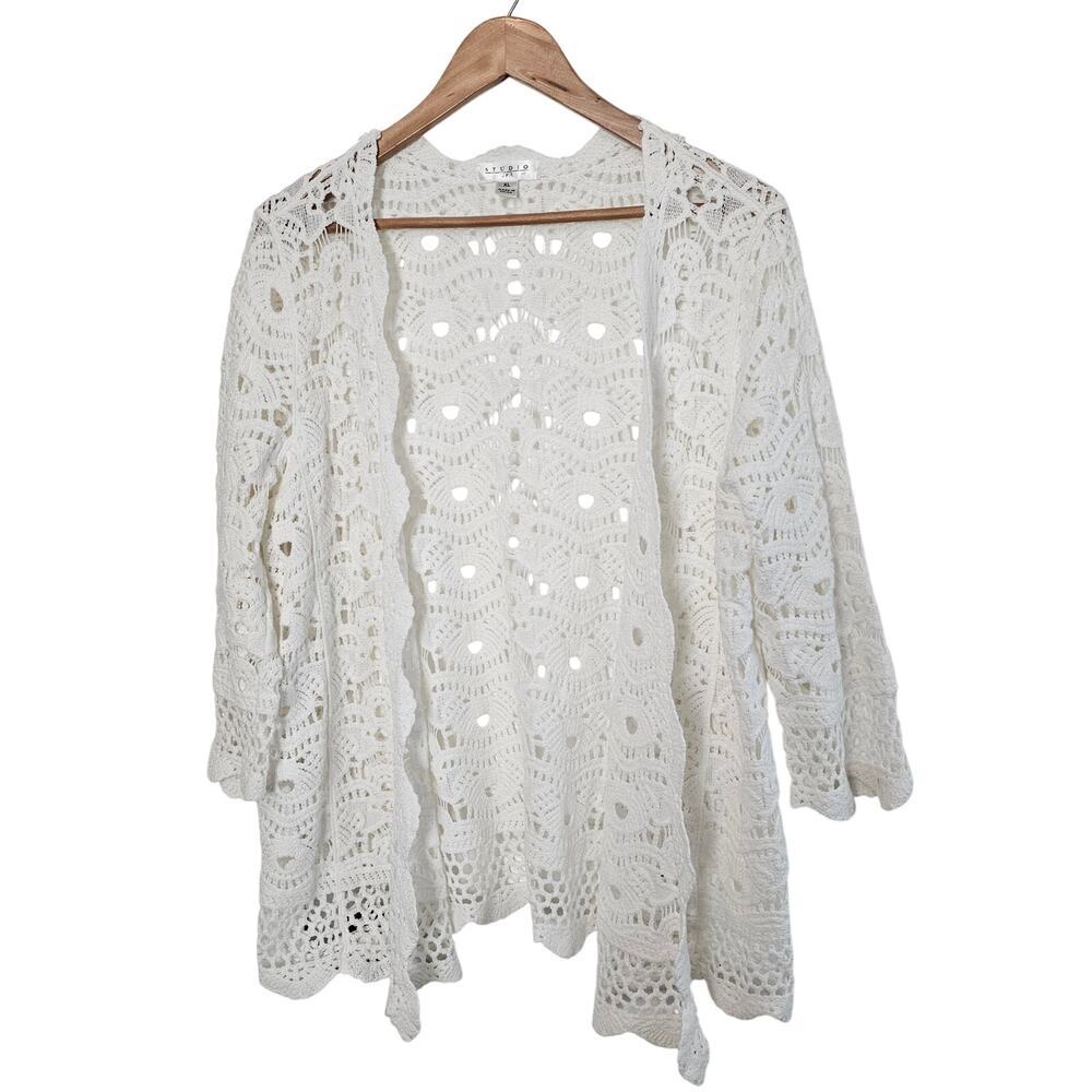 Studio JPR Cardigan Women XL White Crochet Knit Festival Fairy Y2K Cottage Boho